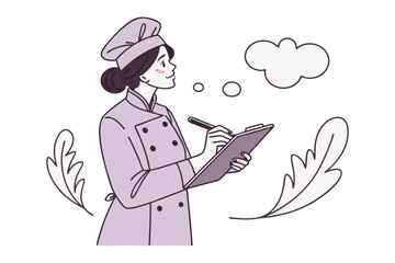 A thoughtful chef in uniform wearing a hat writing notes on a clipboard with a pen contemplating ideas