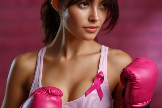 Woman in pink sports wear and boxing gloves with a breast cancer awareness ribbon