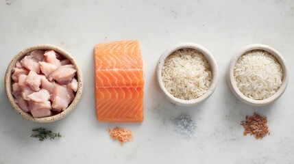 Labeled Pet Food Ingredients Displayed in a Flatlay Arrangement Featuring Chicken, Salmon, and Rice in a Bright Setting