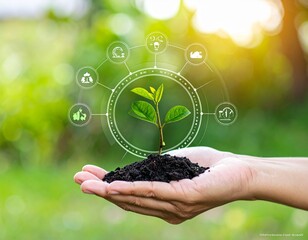 Hand Holding Small Tree with Digital Sustainability Icons – Eco Concept for Environmental Protection and Green Energy