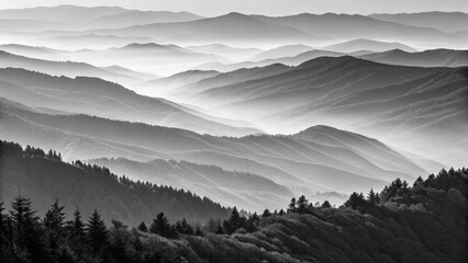 A monochrome landscape of misty mountains receding into the distance