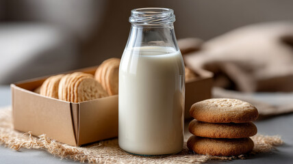 Milk in a glass bottle with cookies; rustic, cozy snack setting.