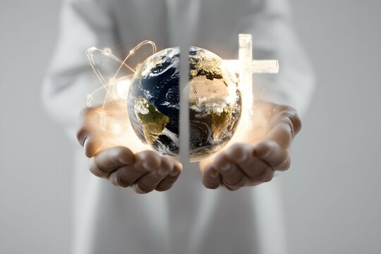 Hands cradle a glowing Earth, dancing on the tightrope of doubt and belief.