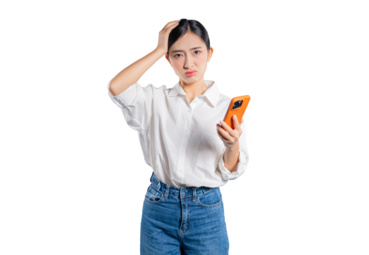 A stressed and worried young Asian woman holds her phone and touches her head, looking down with a frustrated expression at a problem or issue she is encountering online.