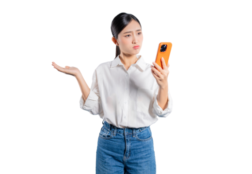  Asian woman shrugs with both open palms, looking at the camera with a confused and uncertain expression, as if facing a dilemma or not understanding a situation.