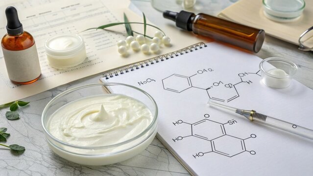 Cosmetic cream and chemical formulas are on a lab table