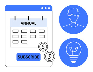 Calendar labeled Annual, subscribe button and coins, user profile icon, and lightbulb idea symbol. Ideal for subscription services, creative ideas, business, membership, finance innovation simple