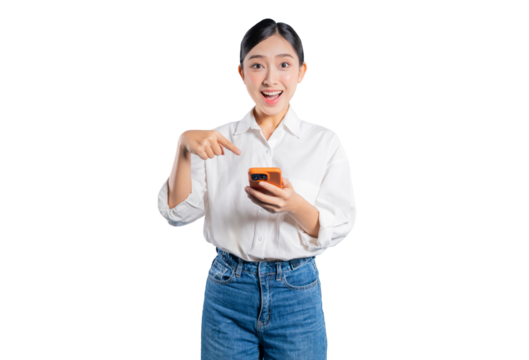 Asian woman with one hand on her hip looks up and points, as if having a great idea, a positive thought, or noticing an advertisement in the copy space above.