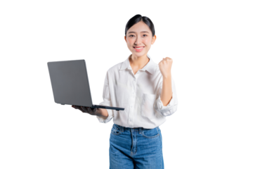 Asian woman holding a laptop makes a fist pump gesture, celebrating a success with her work, a project, or getting good news online against a png background