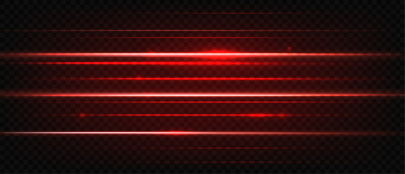 Red laser light. Glowing horizontal bright neon laser rays, safety system, hi tech concept. Flare light effect, lazer scanner. Nightclub party vector isolated texture.