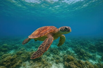 Obraz premium A lone sea turtle gracefully navigates the vibrant coral reefs beneath the clear blue waters of the ocean