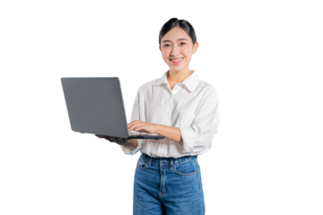 Asian woman in a casual outfit smiles at the camera while holding and typing on a laptop, representing a modern student, freelancer, or remote worker.
