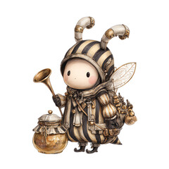 Whimsical creature with honey jar and trumpet.