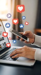 Social media engagement concept laptop phone likes and hearts