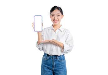 Asian woman holds up a smartphone with a blank screen, using her other hand to present or gently support it, ideal for showcasing mobile content or an app interface.
