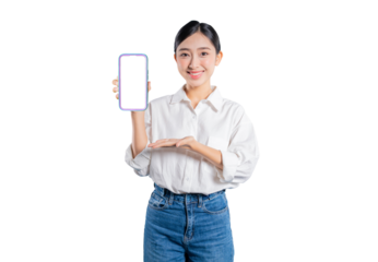Asian woman holds up a smartphone with a blank screen, using her other hand to present or gently support it, ideal for showcasing mobile content or an app interface.