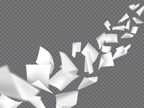 Curled paper sheet flying. Empty papers floating, 3D realistic throwing office A4 document, notebook pages with wind blow, scatter files in perspective. Vector background.
