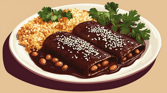 delicious enchiladas with rice and beans on plate clip art preview