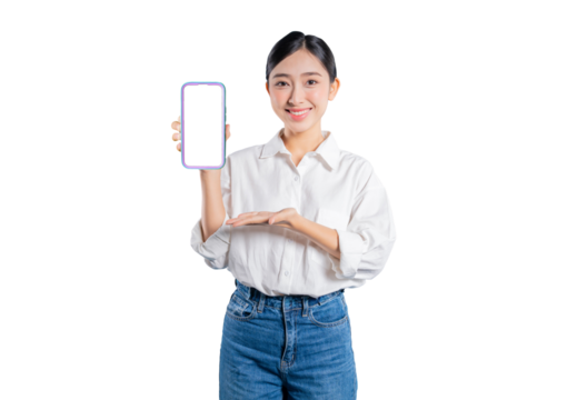 Asian woman holds up a smartphone with a blank screen, using her other hand to present or gently support it, ideal for showcasing mobile content or an app interface.
