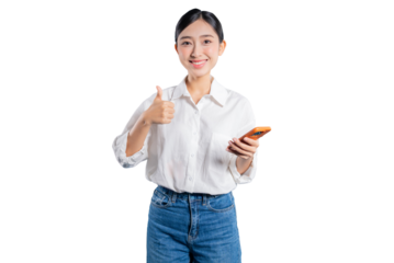 Asian woman in a casual outfit gives a thumbs-up while holding her phone, expressing satisfaction or approval of an app, social media content, or mobile service.
