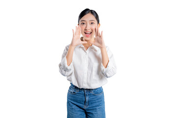 Asian woman in a casual outfit cups her hands around her mouth as if shouting, making an important announcement, or sharing great news with a cheerful expression.
