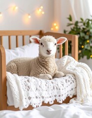 Adorable lamb resting on cozy bed with white crochet blanket and warm lights