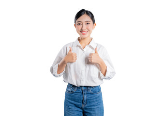 Asian woman in a casual white shirt and jeans gives two thumbs up to the camera, expressing her...