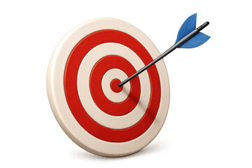 Precise arrow piercing target bullseye, representing goal accomplishment and accuracy, rendered in sharp 3d graphic design