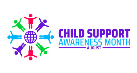 Child Support Awareness Month background banner with colorful silhouettes around a globe, symbolizing parenting, family care, and global advocacy for children's rights.