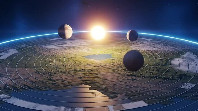 Flat earth cosmology conspiracy theory stylized rendering of an alternative view of the universe showing planets and a flat earth disk