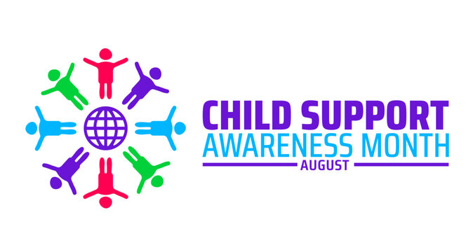 Child Support Awareness Month background banner with colorful silhouettes around a globe, symbolizing parenting, family care, and global advocacy for children's rights.