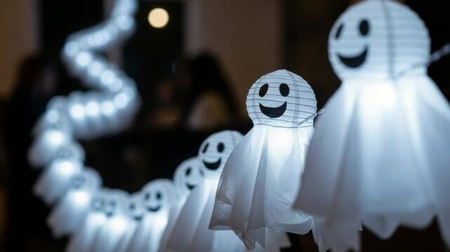 Glowing halloween ghost string lights decoration with smiling faces at night