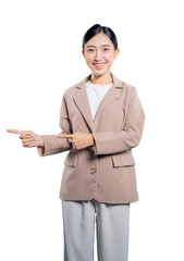  Asian businesswoman wearing glasses points upwards with both index fingers, directing attention to...