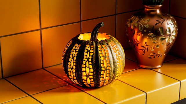 A still life photograph of a carved Halloween pumpkin and a terracotta clay vase against a warm orange-tiled background - Powered by Adobe