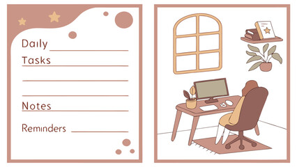 Aesthetic flat illustration of a person working at a desk with a computer plant and books next to a daily planner with sections for tasks notes and reminders