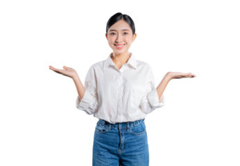 Cheerful Asian Female: A charming Asian woman wearing a white shirt and denim jeans smiles warmly, offering an inviting presence with open arms.