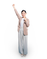  Asian businesswoman celebrates a personal victory, raising her fist and pointing to herself with a...