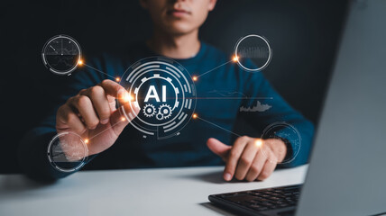 AI customer support for ecommerce. AI technology digital interface innovation business data analysis futuristic male office. AI for service