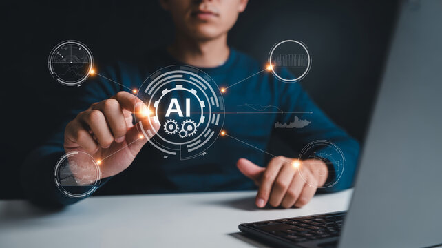 AI customer support for ecommerce. AI technology digital interface innovation business data analysis futuristic male office. AI for service