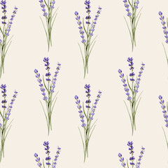 Naklejka premium Watercolor seamless pattern with bouquets with lavender on a beige background