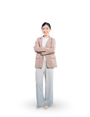 Full-length portrait of a confident and successful young Asian businesswoman smiling with her arms...