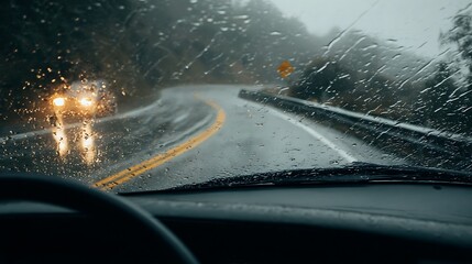 Obraz premium Driving on Wet Road During Rain with Car Light