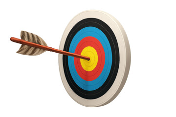 Arrow piercing bullseye center of vibrant archery target, symbolizing precision, achievement, goal attainment against clean background