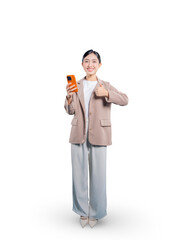 A happy young Asian businesswoman gives a thumbs-up while holding a smartphone, expressing approval or satisfaction with an app, service, or online content against a png background.
