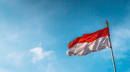 Waving red and white flag against a serene blue sky evokes feelings of national pride