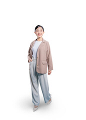 Full-length portrait of a calm and confident young Asian businesswoman with her hand in her pocket, smiling warmly as she looks to the side, exuding professionalism and ease.
