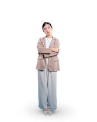Full-length portrait of an unhappy and stubborn young Asian businesswoman pouting with her arms crossed, expressing disapproval, disappointment, or a bad mood against a solid png background.
