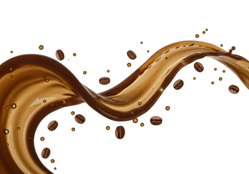 Isolated Abstract Coffee Splash with Roasted Beans on Transparent Backdrop