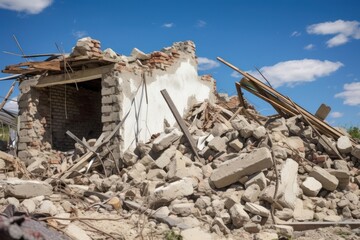 Fototapeta premium Destroyed house in a rural area after an earthquake rubble home damage roof damage.