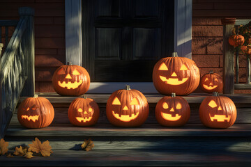 Obraz premium collection of jack o'lanterns on wooden porch steps
